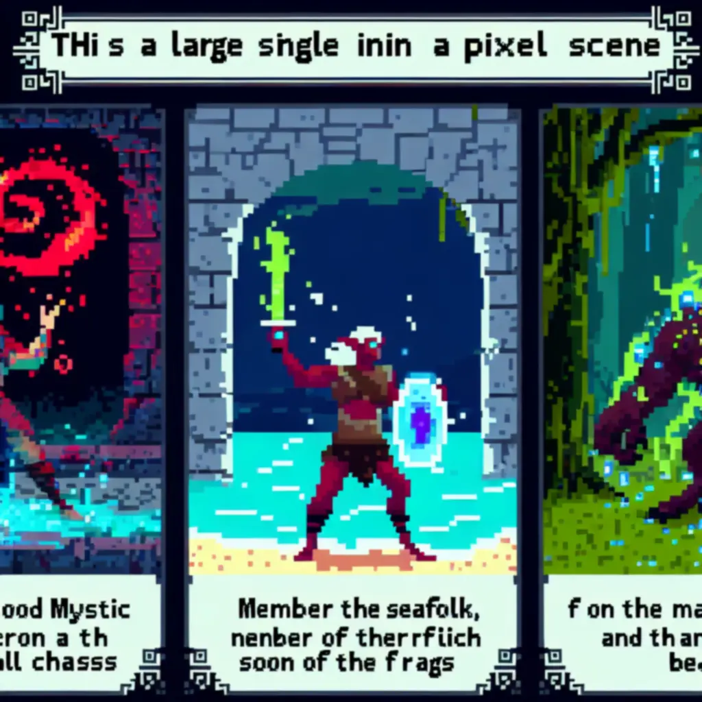 Kolaż pixel-art: sceny z historii Blood Mystic, Seafolk i Mutant Beast