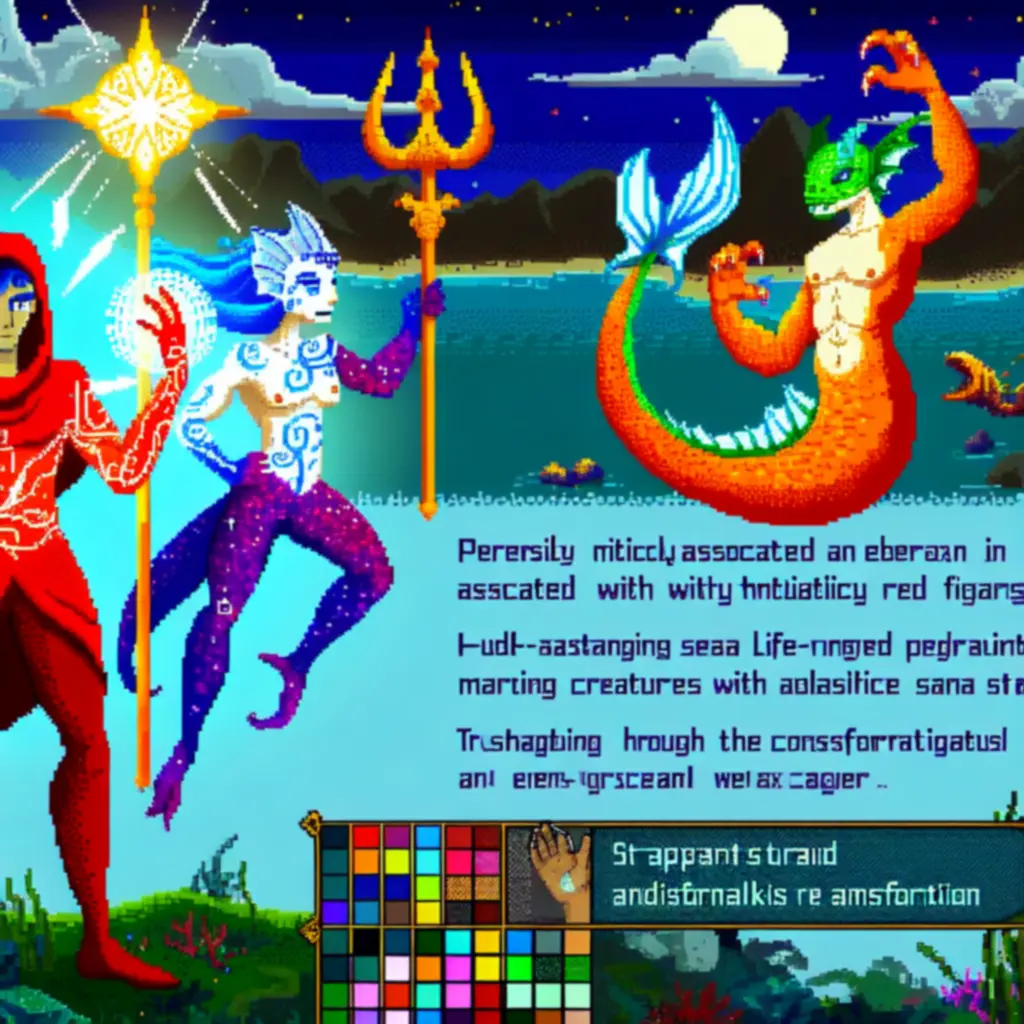 Pixel-artowa scena: Blood Mystic, Seafolk i Mutant Beast stoją ramię w ramię