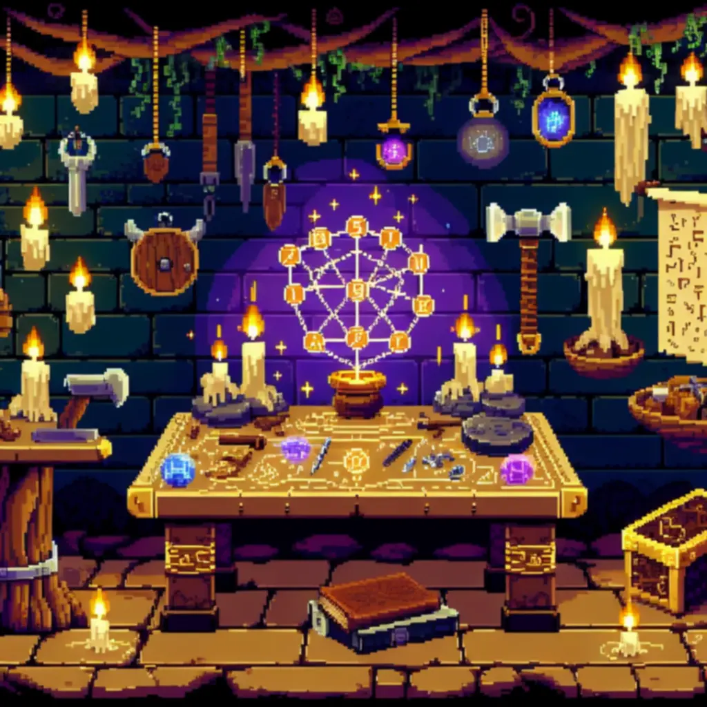 Pixel-artowy stół rzemieślniczy z runami i narzędziami