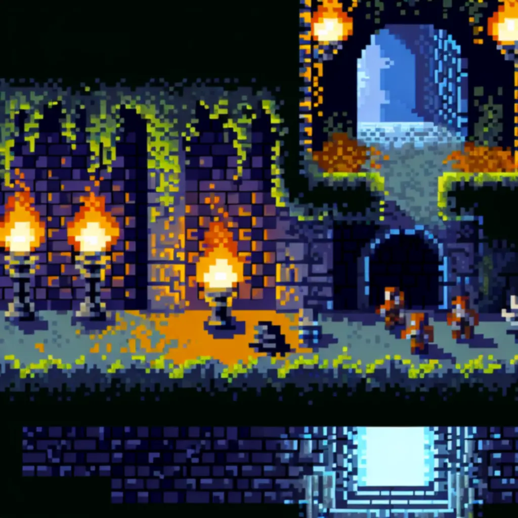 Pixel-artowa scena lochu: pochodnie, kamienne łuki i ekipa bohaterów w drodze do skarbca