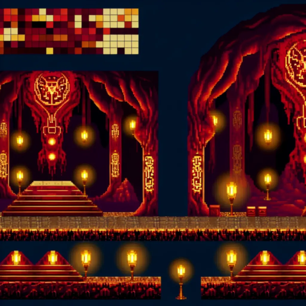 Pixel art: karmazynowa świątynia krwi oświetlona złotymi lampionami