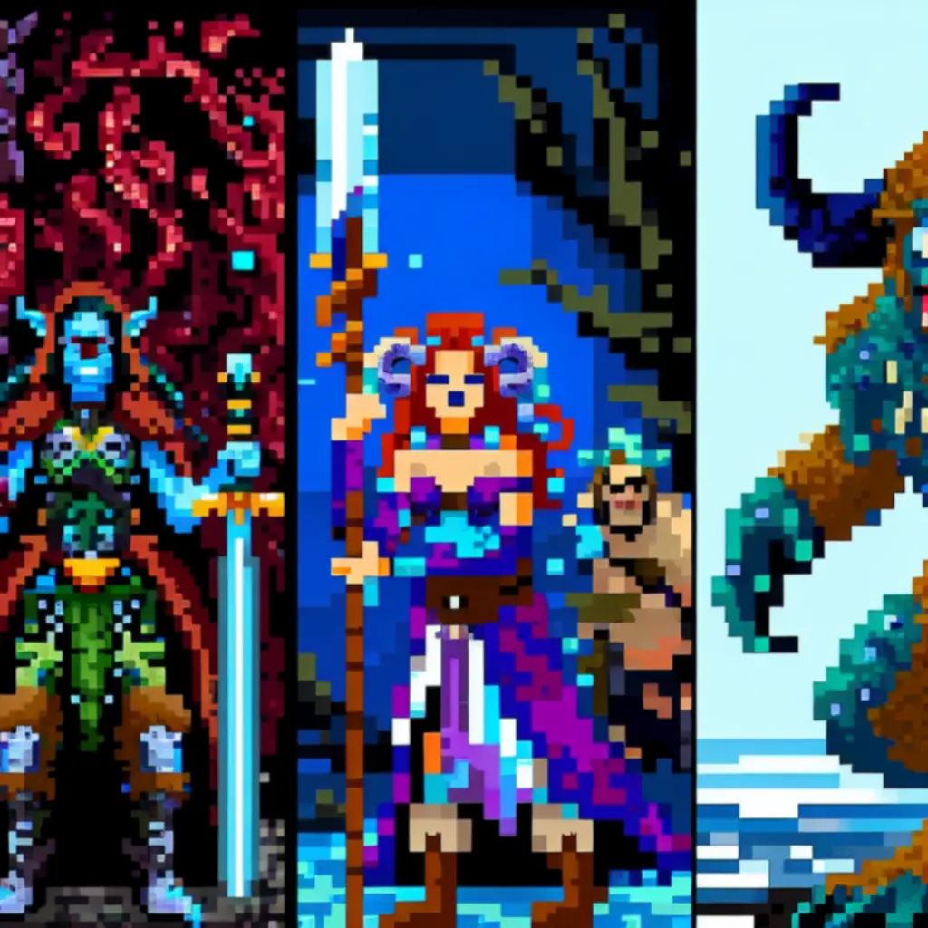 Pixel‑art: trzech bohaterów — Blood Mystic, Seafolk i Mutant Beast — przygotowujących się do wyprawy