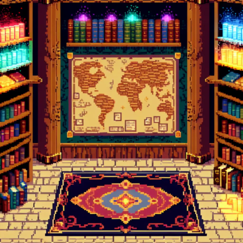 Biblioteka lore z rozświetlonymi księgami i mapami świata w piksel‑arcie